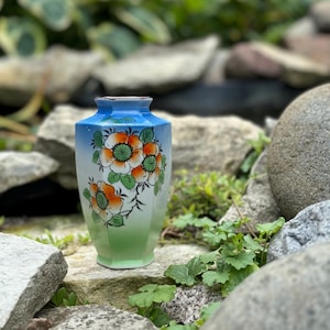 Vintage Small Asian Hand Painted Ombre Blue and Green HEXAGONAL Porcelain Vase with Black Outlined Orange Flowers Made in Japan 6” Tall
