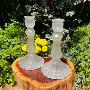 Vintage Pair of Ornate Hollow Clear Frosted Pressed Glass CANDLESTICK HOLDER or Bud VASE 9” Tall