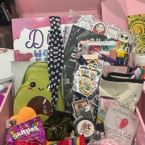 May include: A pink gift box filled with various items. Includes a plush avocado, a black skull-print tie, stickers, a notebook, candy, a pencil case, and a small card that says "A Pocket Hug".