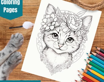 30 Flower Cats Coloring Pages Bundle - Premium Digital Download PDF Sheets - Stress Relief Adult Coloring Book - Instant Download