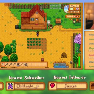 Może przedstawiać: Zrzut ekranu z gry wideo Stardew Valley, przedstawiający farmę, dom i postać z widoku z góry. Streamer znajduje się w prawym górnym rogu. Ekran wyświetla również wiadomości na czacie i cele subskrypcji.