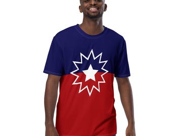 May include: A short-sleeved t-shirt featuring the Juneteenth flag design. The top half is navy blue, and the bottom half is red, with a white starburst in the center. The shirt is made of a soft, comfortable material.
