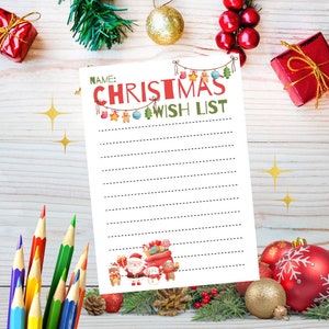 Lista de deseos de Navidad para niños IMPRIMIBLE, lista de deseos de diseño de Papá Noel y renos, lista de deseos de diseño de galletas de jengibre, descarga digital de Navidad