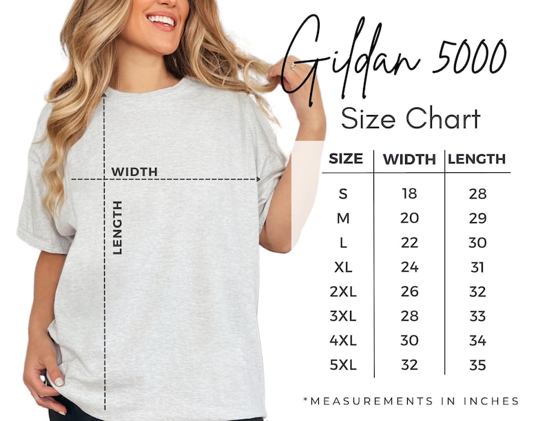 May include: A light gray Gildan 5000 t-shirt with a size chart. The chart shows measurements in inches for sizes S to 5XL, with widths ranging from 18 to 32 inches and lengths from 28 to 35 inches.