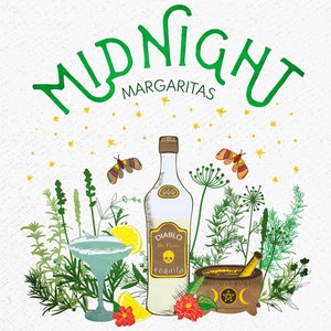 May include: A green and white illustration of a bottle of tequila with the text "DIABLO De Fierro Tequila" on the label. The bottle is surrounded by green herbs, flowers, and butterflies. The text "MIDNIGHT MARGARITAS" is at the top of the image.