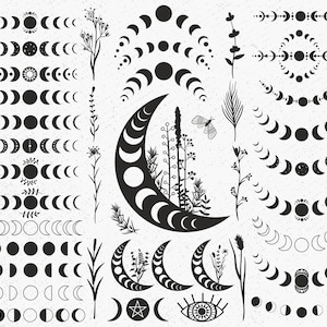 Pode incluir: Um conjunto de ilustrações de fases lunares em preto e branco com vários elementos florais. As fases lunares são representadas em diferentes estágios, incluindo lua cheia, lua crescente e lua nova. Os elementos florais incluem desenhos de linha simples de folhas, caules e flores.
