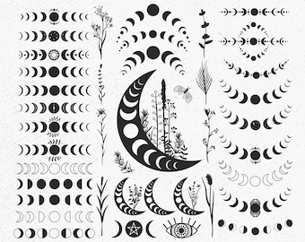 May include: A set of black and white moon phase illustrations with various floral elements. The moon phases are depicted in different stages, including full moon, crescent moon, and new moon. The floral elements include simple line drawings of leaves, stems, and flowers.