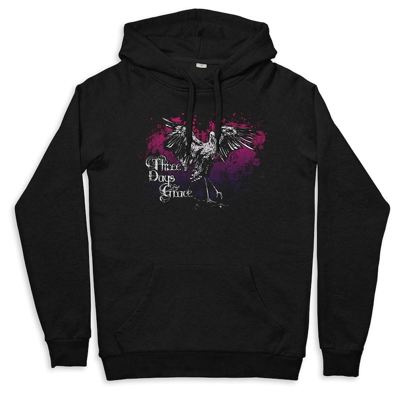 May include: Black hooded sweatshirt featuring a graphic of a bird with outstretched wings against a pink and purple background. The text "Three Days Grace" is printed in white script above the bird.