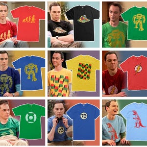 May include: A collage of nine images featuring a man wearing different t-shirts with various graphic designs. The designs include a dinosaur, a robot, a Rubik's cube, the Flash logo, the Green Lantern logo, the number 73, and the evolution of man.