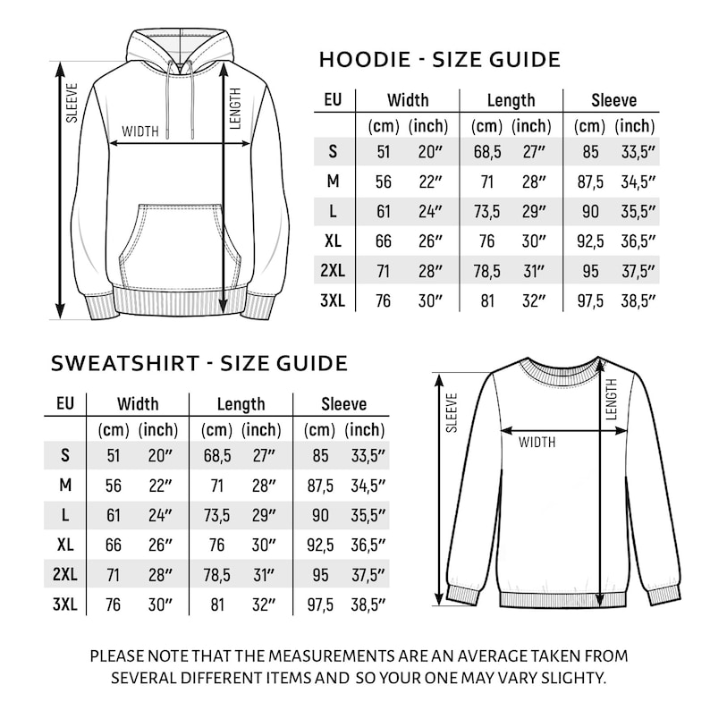 May include: A size guide for hoodies and sweatshirts, with measurements in inches and centimeters. The guide includes width, length, and sleeve dimensions for sizes S to 3XL. Text at the bottom states measurements may vary.