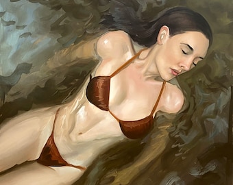 May include: A woman with long dark hair is lying in water wearing a brown bikini top and matching bottoms. The water is a dark green color and the woman's skin is pale.