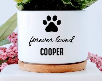 May include: White ceramic planter with a black paw print and the text "forever loved COOPER". The planter has a wooden base and is filled with a green succulent plant.