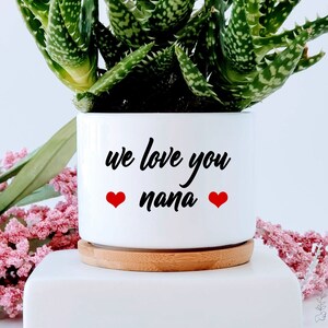 May include: White ceramic planter with a wooden base, featuring the text "we love you nana" with two red hearts. The planter is filled with a green succulent plant.