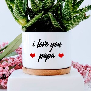 May include: White ceramic planter with a green succulent plant. The planter has the text "i love you papa" with two red hearts.
