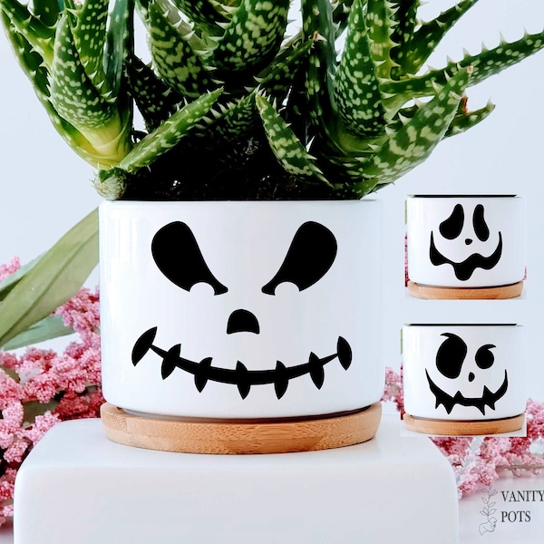 Jack-O-Lantern Pumpkin Halloween Face Planter Pot Gift, Spooky Halloween Succulent Pot Gift, Scary Pumpkin Face Desk Gift, Boo Ghost Planter