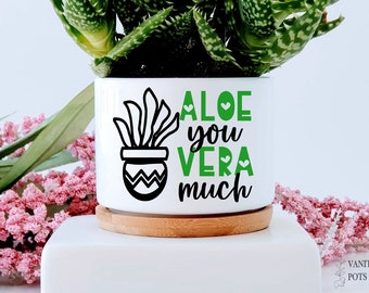 May include: White ceramic planter with a green and black illustration of an aloe plant and the text "Aloe you vera much". The planter is sitting on a wooden base and has a green succulent plant growing in it.