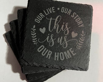 This is us slate coasters, Personalized Slate Coasters, Housewarming Gift, Drink Coasters, Personalized Coaster Set Of 4, Monogram Coasters