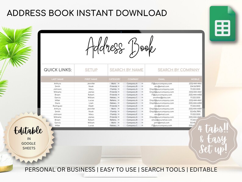 Contact List Address Book Google Sheets Spreadsheet Template Etsy