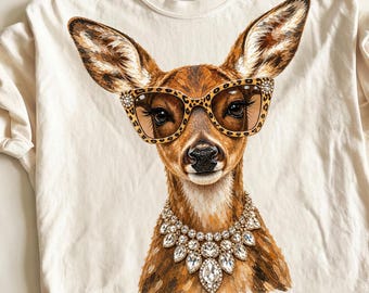 Ciervo glamuroso PNG, imágenes prediseñadas de cervatillo kawaii, diseño de camiseta de animales del bosque (descarga digital)