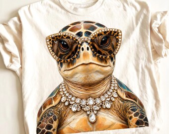 Tortuga glamurosa PNG para sublimación, imágenes prediseñadas de tortuga marina kawaii, diseño de camiseta de animales marinos (descarga digital)