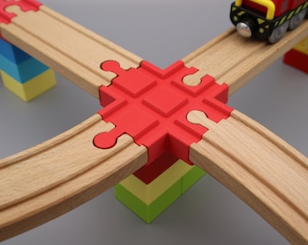 Duplo adapter crossing 4-way for child wooden railway compatible with Brio, Ikea, Lidl (children's toy or gift)