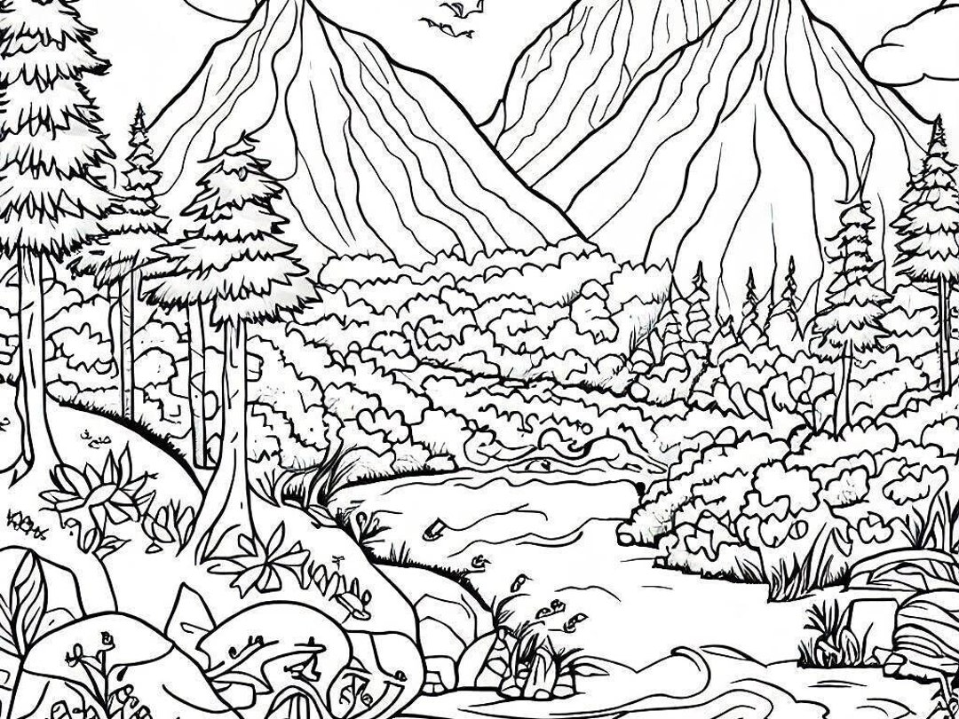4 Relaxing Mountain Scene Coloring Pages Etsy