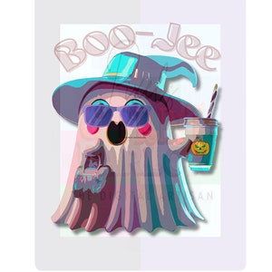 Boo Jee PNG, Cute Ghost, Witch Hat, Coffee PNG. Boujee PNG Fall and Halloween Sublimation Print. Pastel Halloween Pumpkin, Transparent Bg.