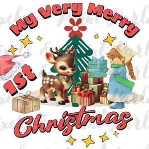 Babys erste Weihnachten PNG, Unisex Vintage Rentier & Urlaub Geburtstagsgeschenke PNG Clipart. Sublimation Download Design für Druck + Kleidung.