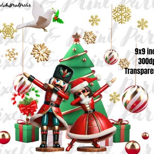 May include: A Christmas-themed digital clipart image featuring a nutcracker and a girl dressed as a nutcracker, both in a dabbing pose. They are standing in front of a green Christmas tree with red and white striped ornaments. There are also red and gold gift boxes, red and white candy canes, and snowflakes.
