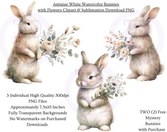 Bunnies Clipart, Nursery Decor, Spring Bunny, Flowers PNG, Cherry Blossom, Wall Art Print, DIY Easter Springtime Crafts, Floral Wildflower.