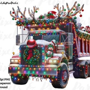 May include: A red dumper truck decorated for Christmas with a snowman, reindeer antlers, and colourful lights. The truck is covered in snow and has a wreath on the front.