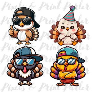May include: Four cartoon turkeys wearing different accessories. One turkey is wearing a party hat, one is wearing sunglasses and a baseball cap, and two are wearing sunglasses and a baseball cap. The turkeys are all standing on a white background.