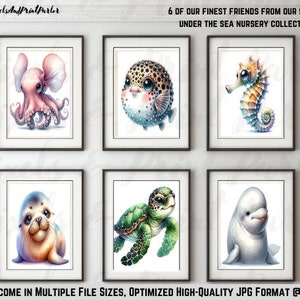Nursery Prints, Baby Sea Animals, Printable Watercolor Art, Playroom Decor for Walls, Kid's Wall Art, INSTANT DIGITAL DOWNLOAD Set of 6.