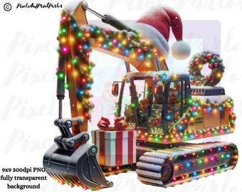 Merry Christmas Excavator PNG, Watercolor Construction Truck, Boys Clipart Santa Digging Vehicle, Winter Holiday Sublimation Design Download