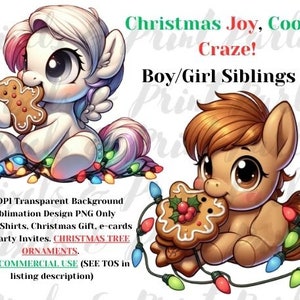 Niedliche Kleine Ponys Clip Art, Weihnachtslichter & Lebkuchen Cookies PNG, Baby Pferd PNG Sublimationsdesign-Datei. Urlaub Geschenkideen für Kinder