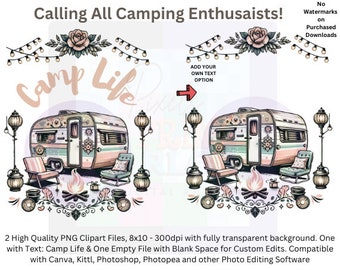 Retro Camp Life Clipart Bundle  PNG. Camper Van Camping Scene, Customizable Vintage Camping PNG for Shirts, Sublimation Design Download Mugs