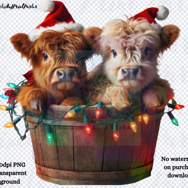 Christmas Highland Cow, Just 2 Cow in a Bucket PNG, Holiday Clipart, Trendy Sublimation Design Download, Cute Farm Animal Art, Baby Cow PNG.