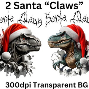 Dinosaure de Noël PNG, mini ensemble de graphiques de vacances T-Rex Santa CLAWS Griffes de Noël. Noël pour garçons, Monster Lovers, Dino Fiends ! Conception par sublimation.