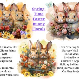 Decoración de vivero de conejitos, arte de pared de primavera y Pascua, conejitos florales PNG, impresiones digitales, tarjetas de felicitación, idea de pegatinas, sublimación, diarios basura.