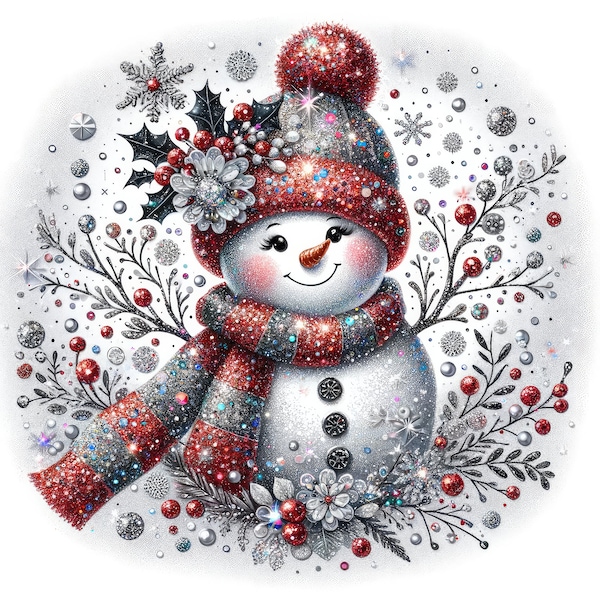 Christmas Snowman, Whimsical Holiday Print, Winter Wonderland Sublimation Design File, Faux Sequin Glitter PNG. Free Black Friday Surprise.