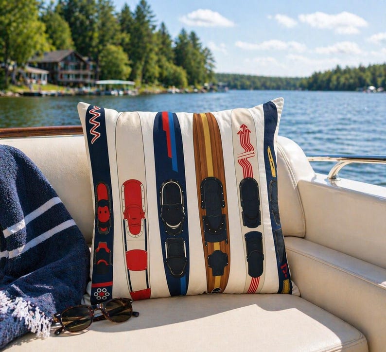 May include: A cushion with a cream background featuring a pattern of vintage water skis in various colours. The skis include red, blue, and brown designs. The cushion is on a boat with a lake and trees in the background.