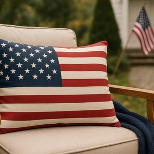 K&ouml;nnte beinhalten: Ein rechteckiges Dekokissen mit dem Design der amerikanischen Flagge, das links ein blaues Feld mit wei&szlig;en Sternen und auf der restlichen Stoffoberfl&auml;che horizontale rote und wei&szlig;e Streifen aufweist.