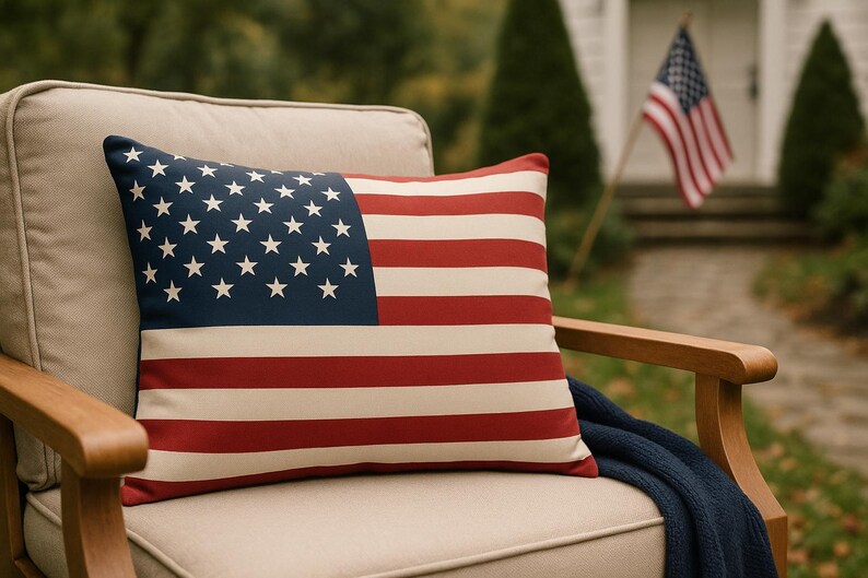 K&ouml;nnte beinhalten: Ein rechteckiges Dekokissen mit dem Design der amerikanischen Flagge, das links ein blaues Feld mit wei&szlig;en Sternen und auf der restlichen Stoffoberfl&auml;che horizontale rote und wei&szlig;e Streifen aufweist.