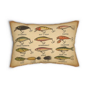 May include: Cushion featuring a vintage illustration of fishing lures, such as Jitterbug, Rat-L-Trap, and Popper. The cream-colored background displays the names of the lures. A decorative cushion for a home, showcasing a range of fishing tackle.