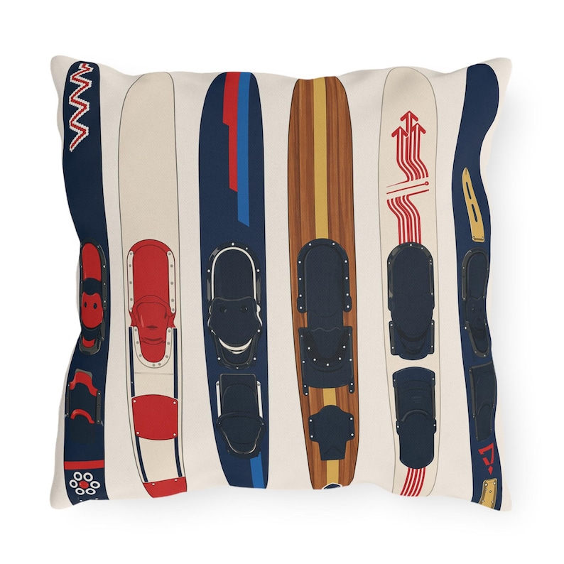 Water Skis Lake House Outdoor Pillow, Nautical Skiing Decor image 2