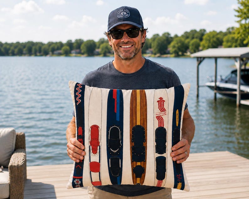 May include: A rectangular cushion with a cream-coloured background, decorated with vertical images of vintage water skis in shades of red, blue, and brown. The cushion is likely made of a soft fabric and would suit a nautical-themed room.
