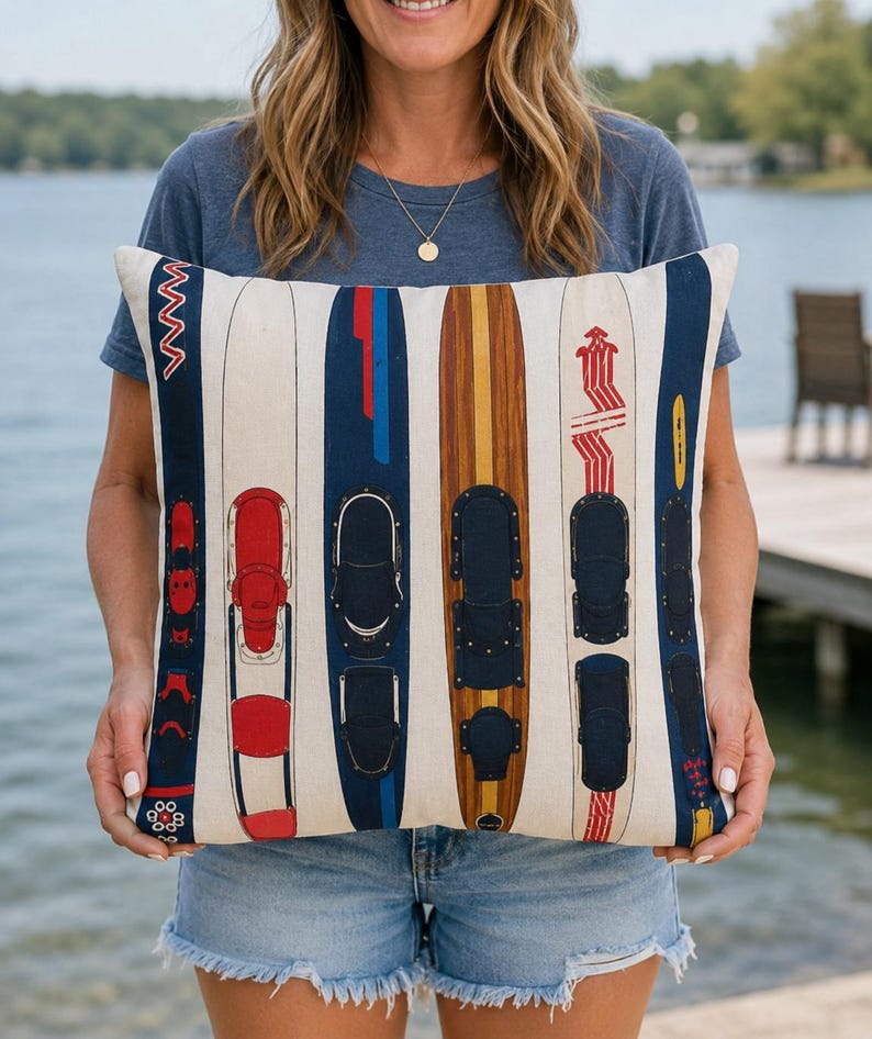 May include: Cream cushion with a pattern of vintage water skis in various colours. The skis are mainly blue, red, and brown, with black bindings. The cushion has a nautical or lake house theme.
