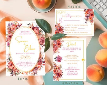 SUMMER- Rot, Pfirsich, Rosa Hochzeitseinladung, Einladungsvorlage, Sofort Download, bearbeiten mit Corjl