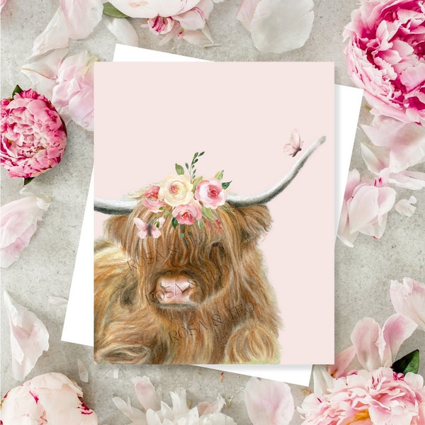 Highland cow with Pink flower crown and butterflies, Original Art, Highland cow printable, Girls Nursery Print, Wall Art, Digital download