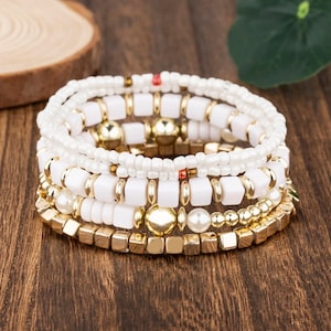 Noir ou blanc : 5 bracelets en perles, bijoux décontractés, bracelets en perles à la mode.